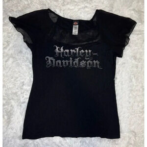 HARLEY DAVIDSON Womens Blouse Top Flutter Sleeve MEDIUM USA Made Goth Grunge